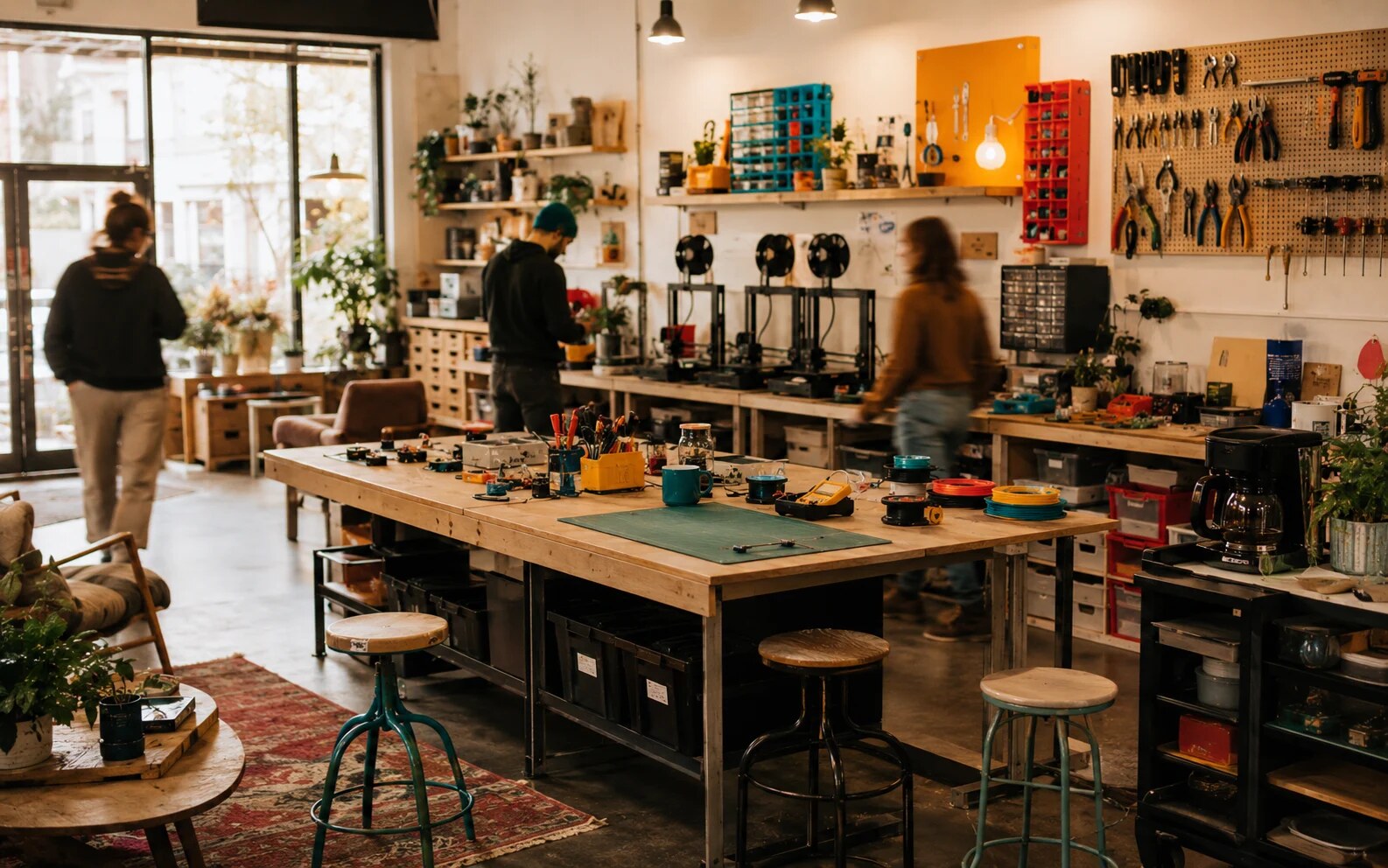 Original JRW future makerspace interior with workshop tables, tools, and community seating