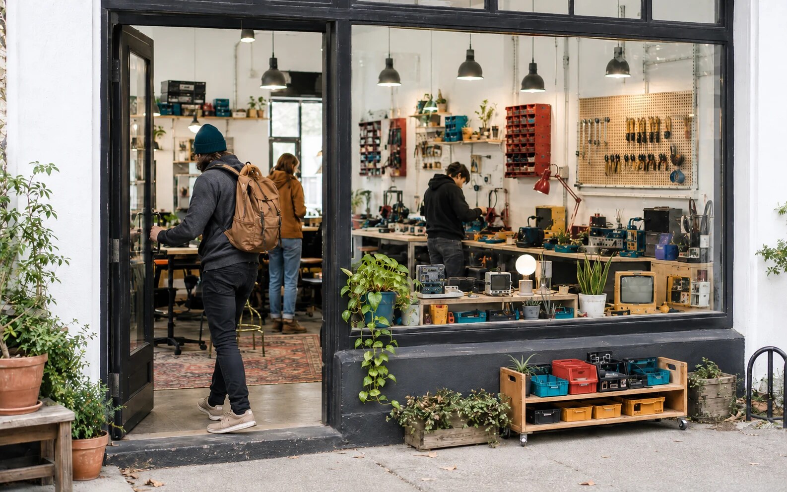 Original JRW storefront concept showing a welcoming maker shop interior through the front windows